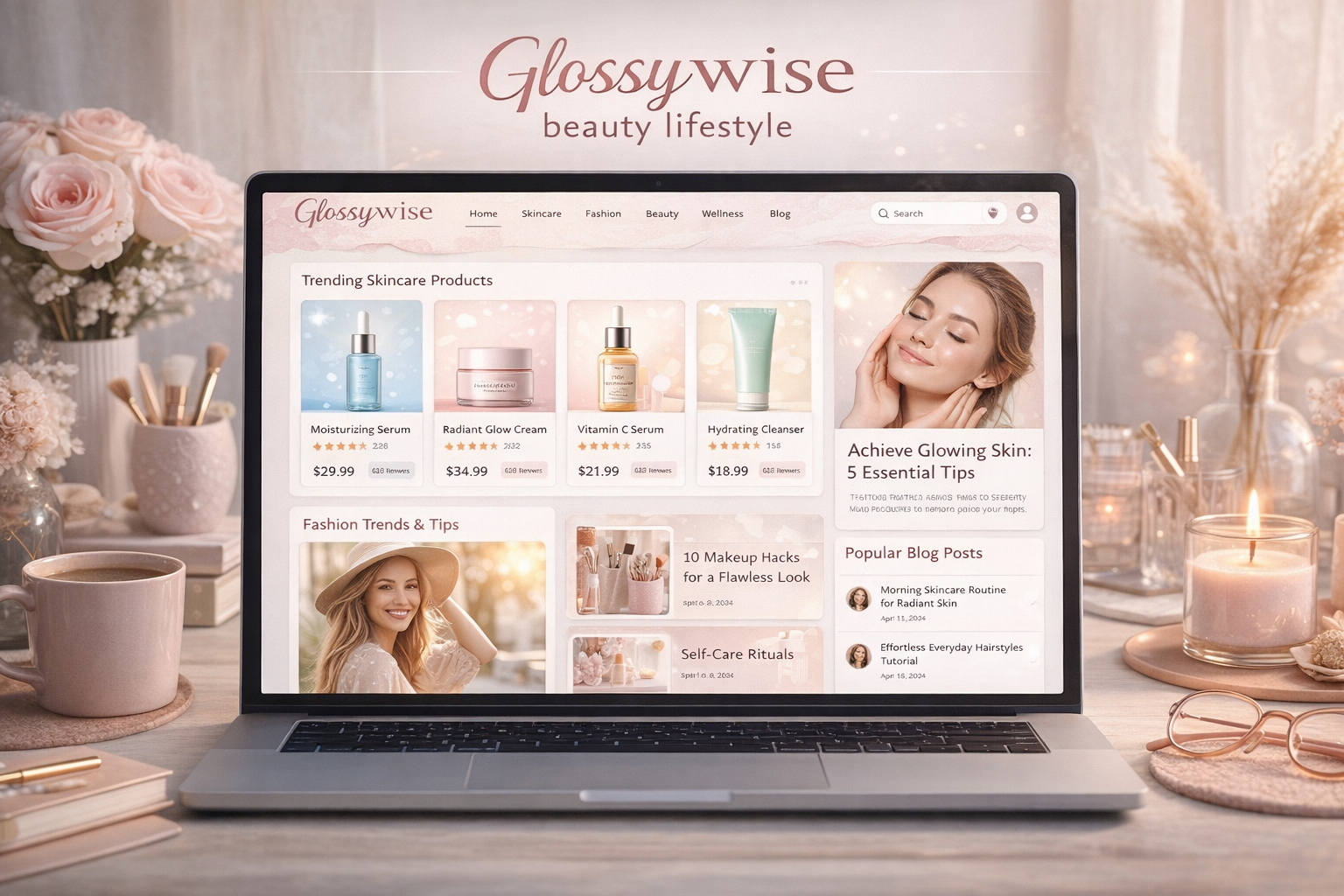 Glossywise.com beauty and lifestyle platform showing skincare, fashion trends, and modern blog interface