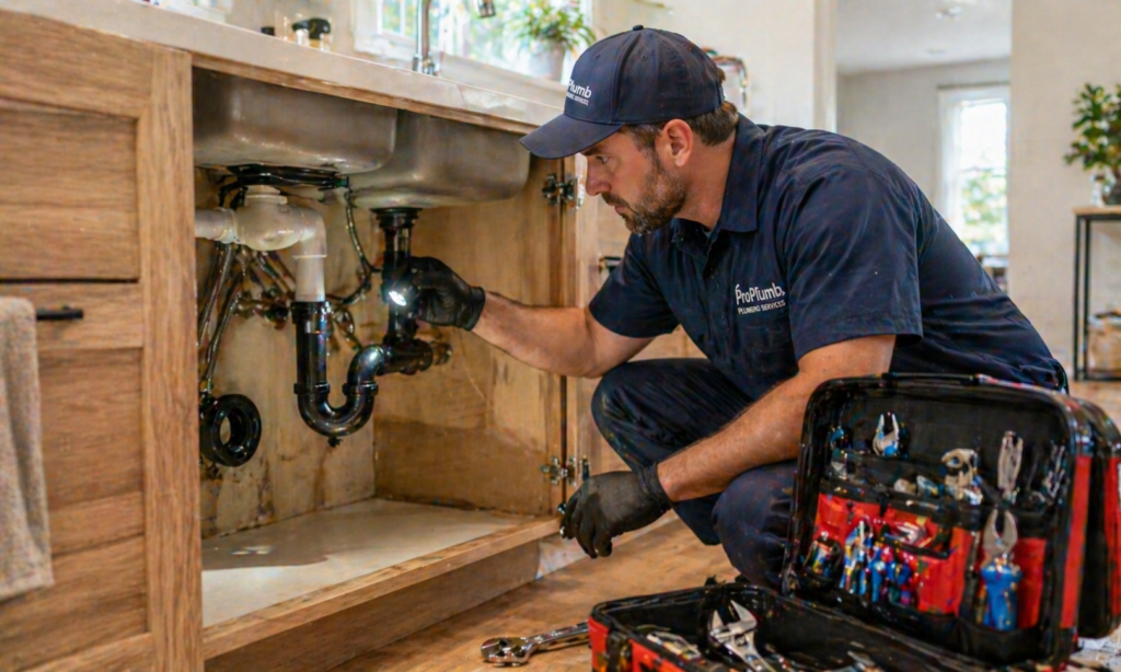 Professional plumber inspecting home plumbing system to determine when expert help is needed