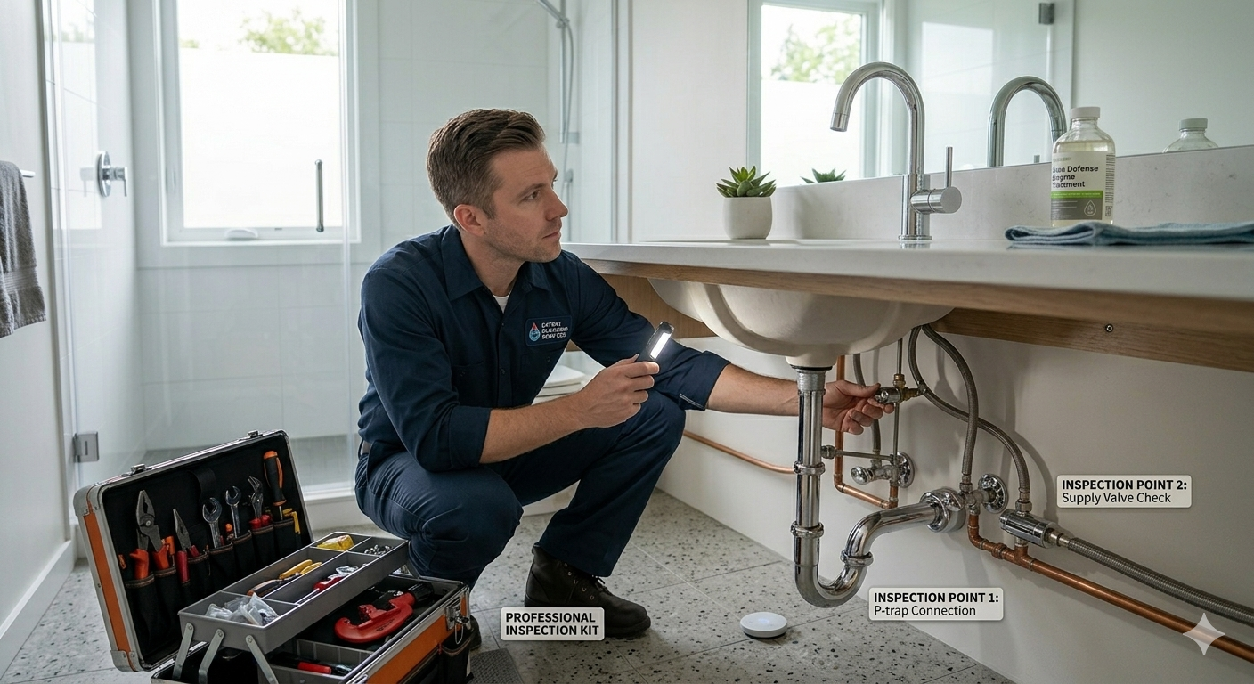 Professional plumber inspecting home plumbing system to determine when expert help is needed
